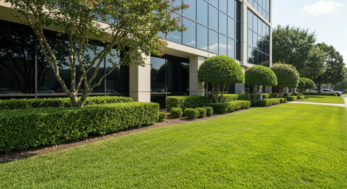 Commercial office building grounds with trimmed hedges