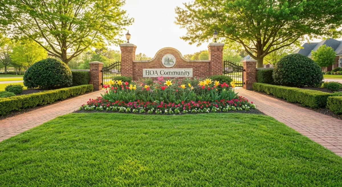 HOA community entrance with landscaped flower beds