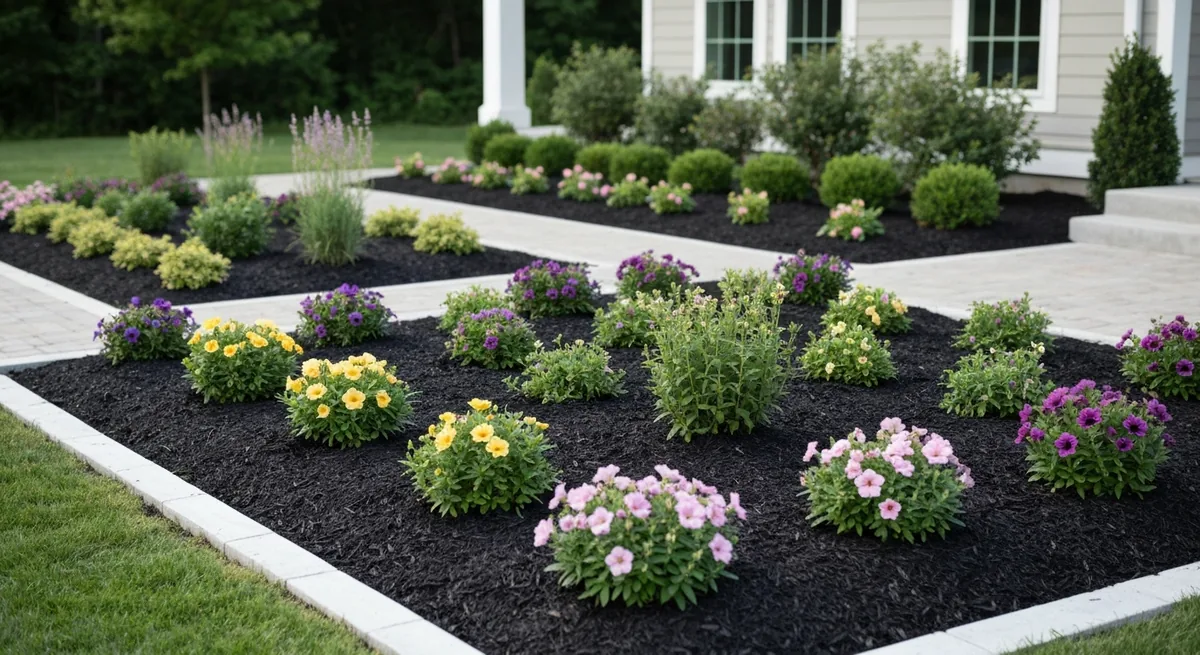 New landscape installation with flower beds and white stone border