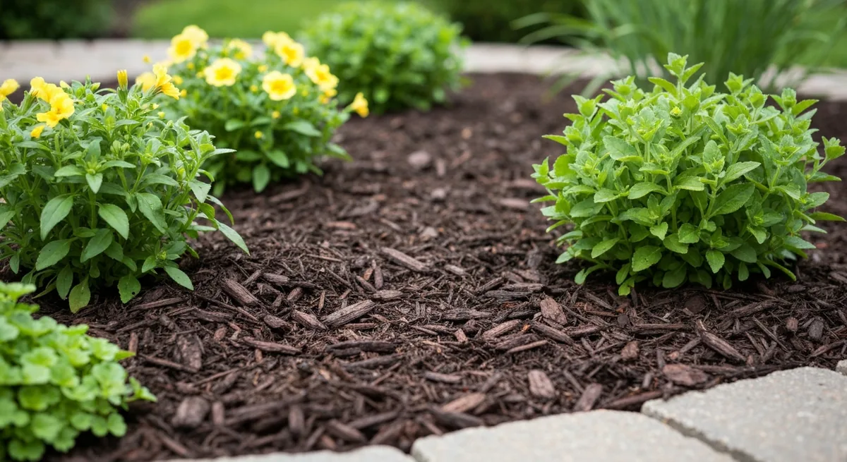 Freshly installed dark mulch bed with flowering plants