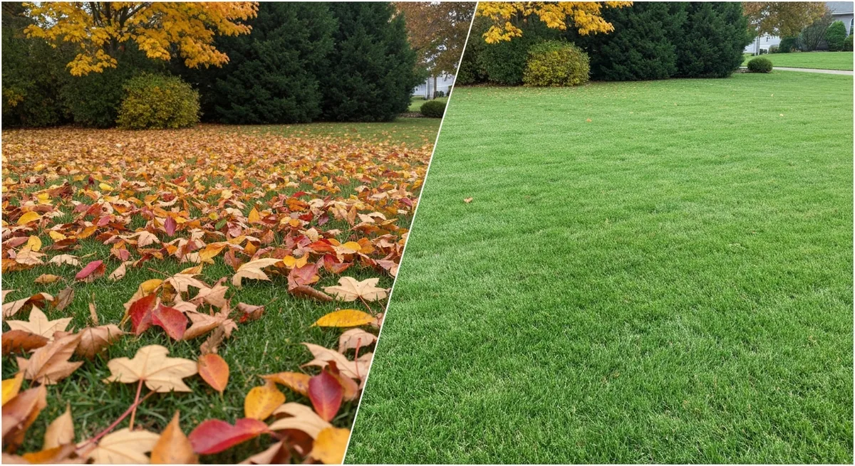 Before and after seasonal leaf cleanup on a residential lawn